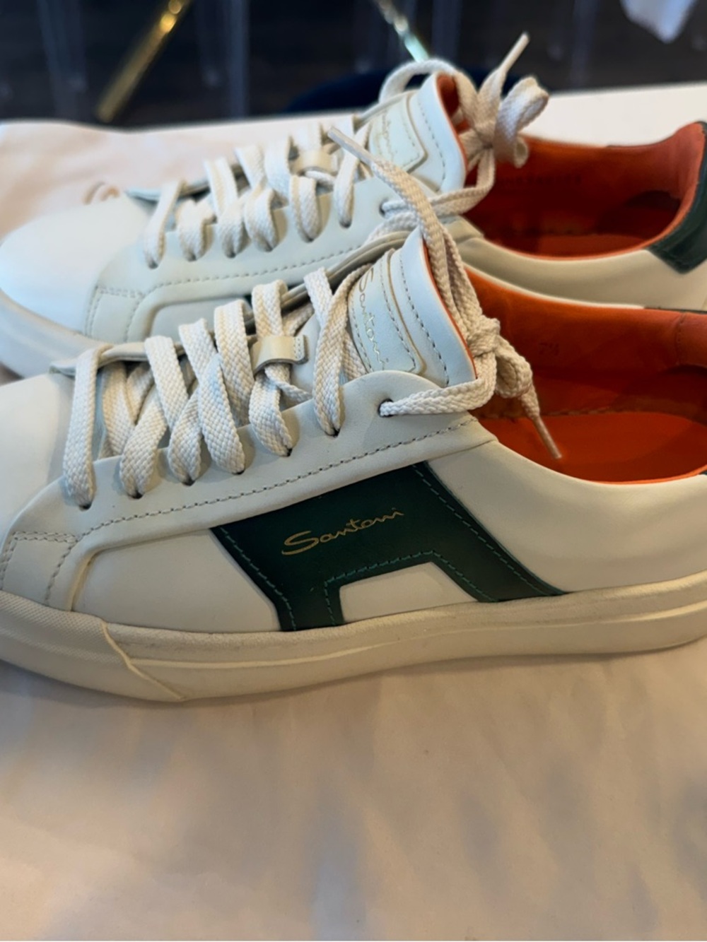 Santoni White Leather Sneakers with Green Side Panel and Orange Lining